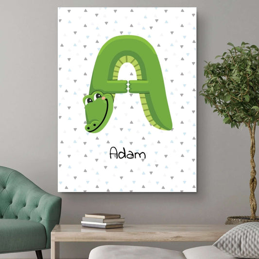 Personalized children's room wall art with an alligator-themed letter "A" for the name Adam.