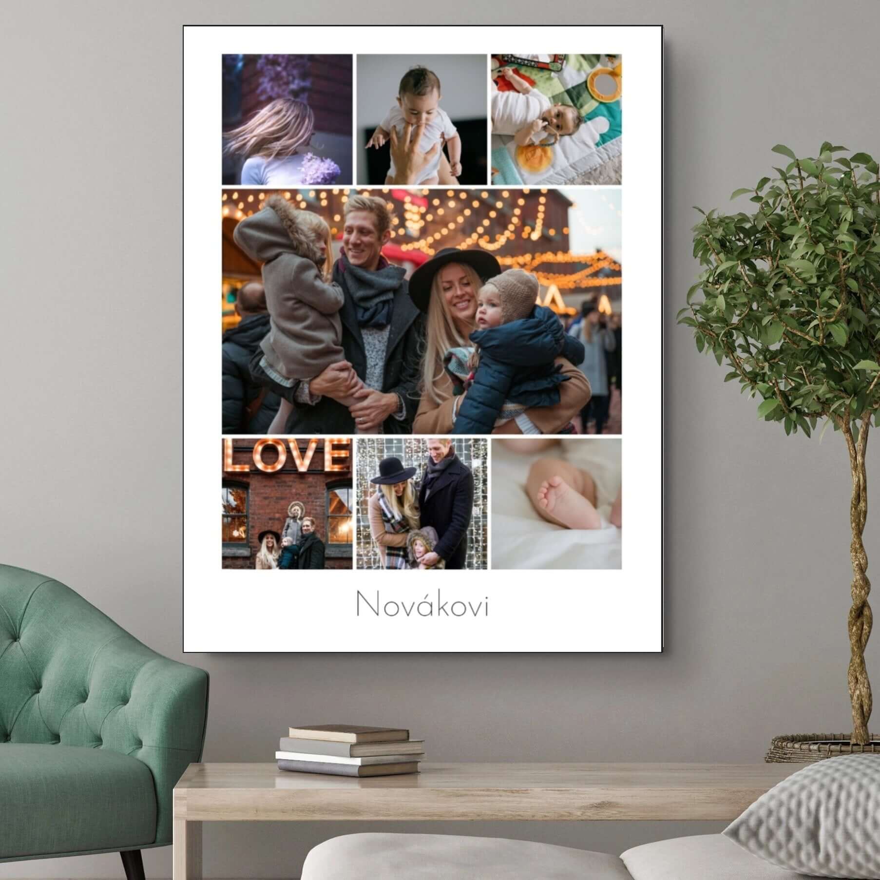 Family photo collage with personal caption, displayed on a wall, showcasing memorable family moments and quality printing on canvas.