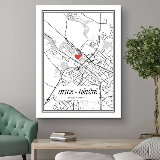 Urban city map with heart symbol on canvas, featuring European city coordinates, displayed in a modern living room.